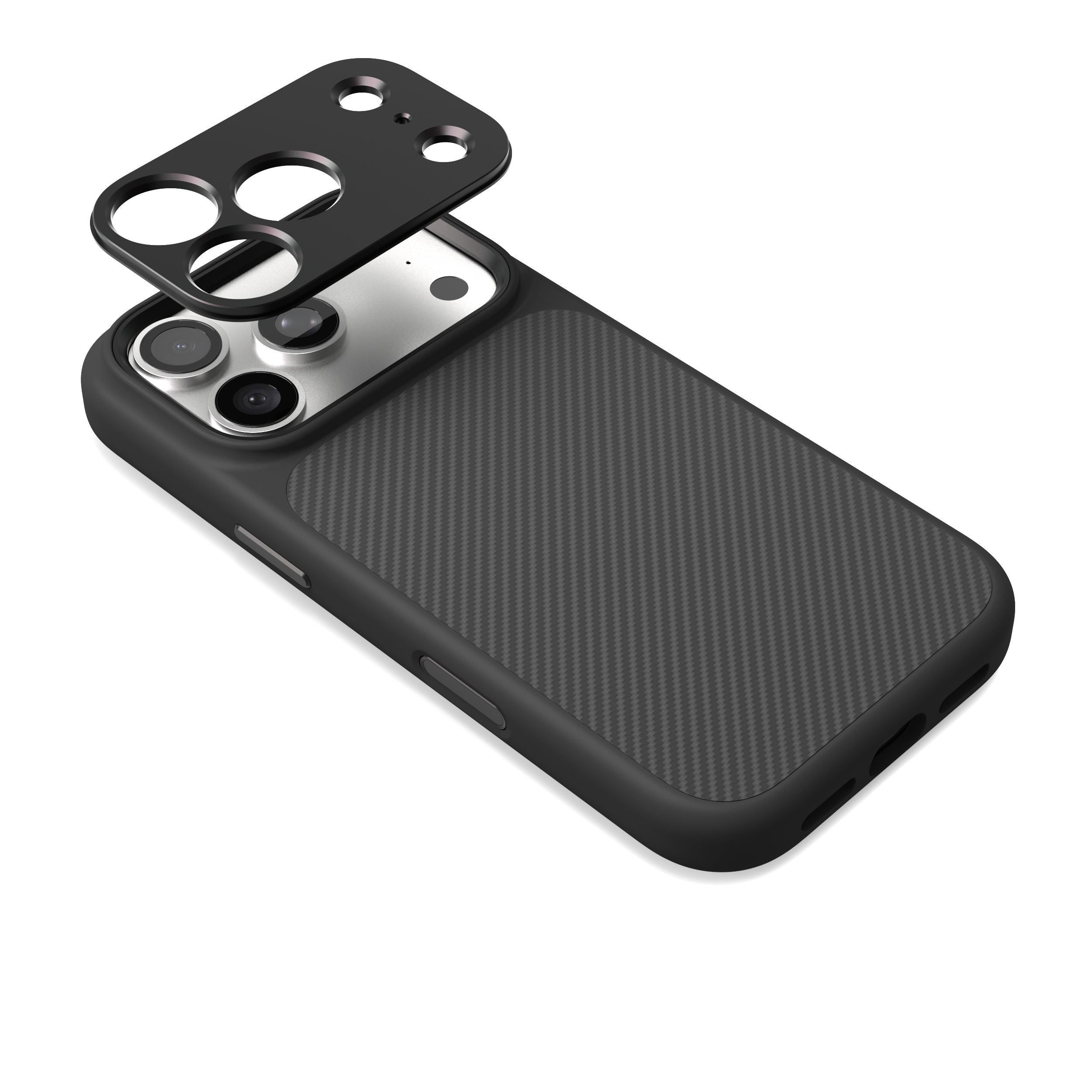 Aramid Hülle für iPhone 18 Pro Max mit Camera Frame, darüber der Camera Guard